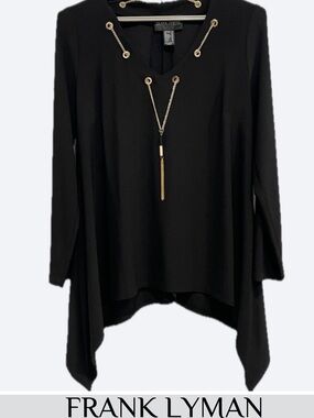 🇨🇦 Frank Lyman Elegant Black Women's Top With Gold Tone Chain Accents 💖 Size 14